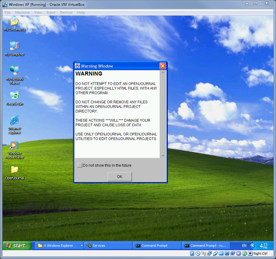 OpenJournal startup on Windows XP VM